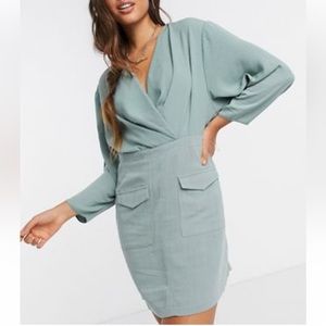 Sage Green Casual Wrap Front Mini Dress with Utility Skirt